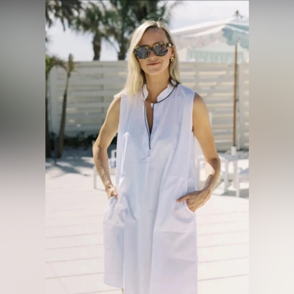 navyBleu Ema Coverup/ Dress White with Navy piping Resort Wear NWT Small